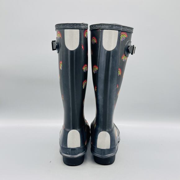 Hunter Boots Kids Girls 1 Black Rainbow Print Tall Wellington Buckle Rain Shoes - Picture 5 of 11